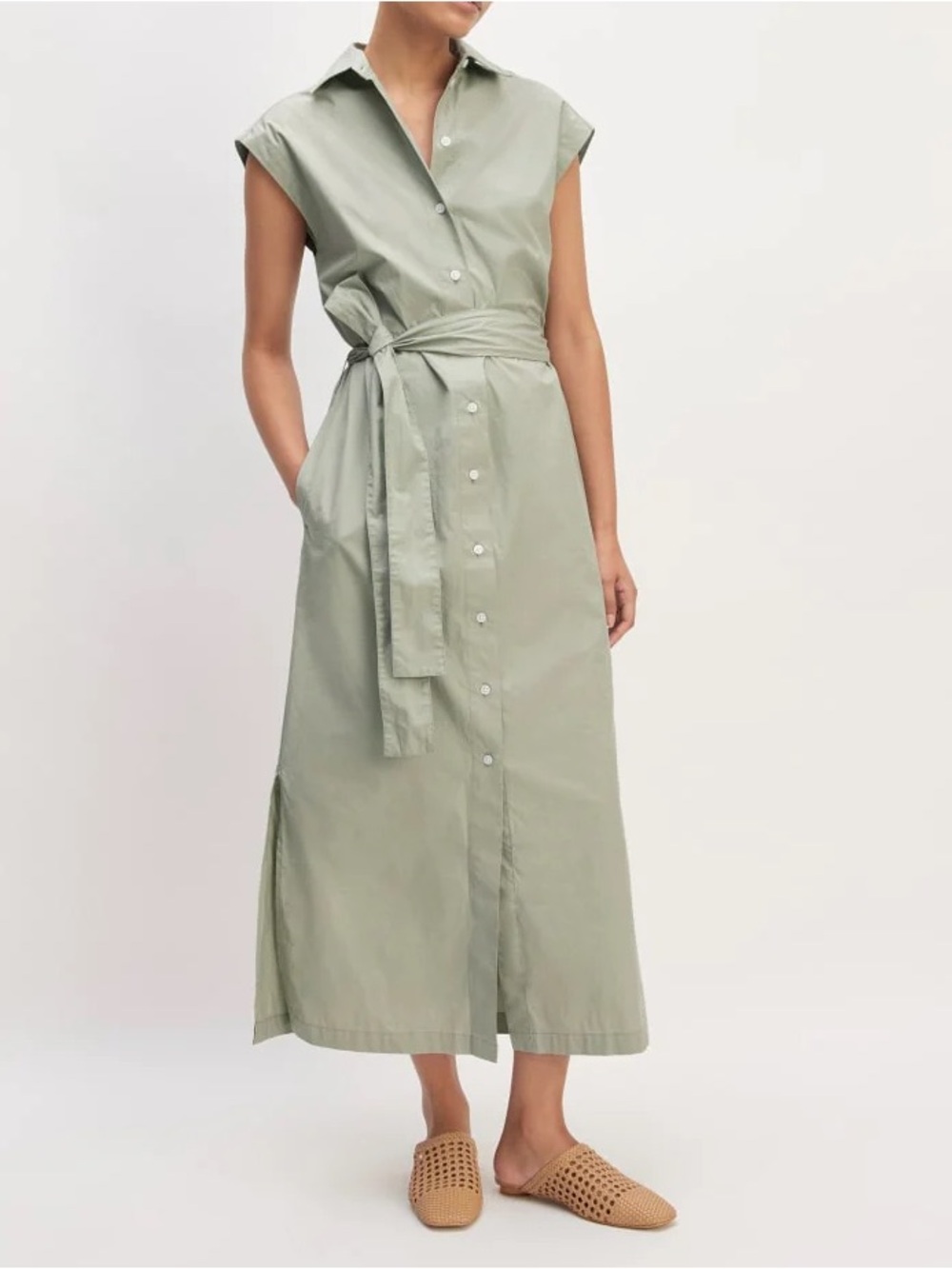 Everlane Supima Cotton Short Sleeve Shirt Dress Sage Green Midi Size 2